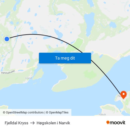 Fjelldal Kryss to Høgskolen i Narvik map