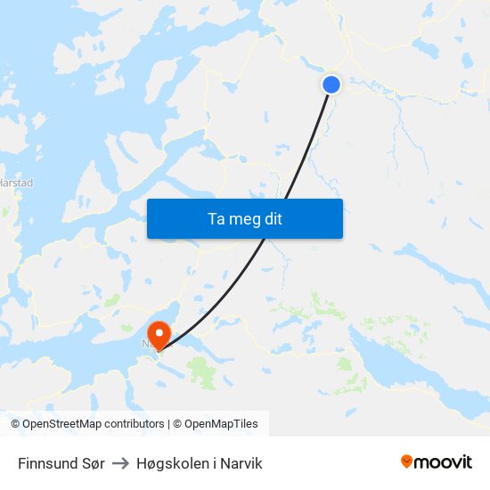 Finnsund Sør to Høgskolen i Narvik map