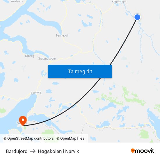 Bardujord to Høgskolen i Narvik map