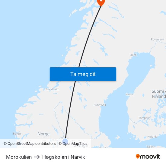 Morokulien to Høgskolen i Narvik map