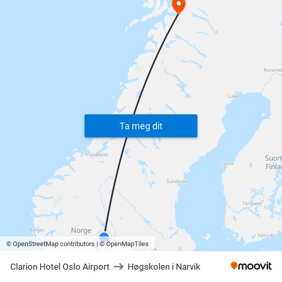 Clarion Hotel Oslo Airport to Høgskolen i Narvik map