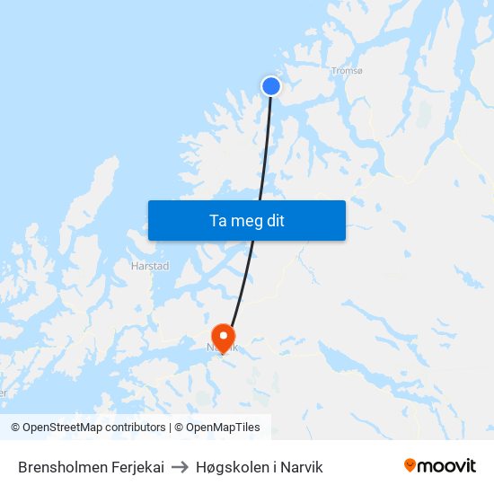 Brensholmen Ferjekai to Høgskolen i Narvik map
