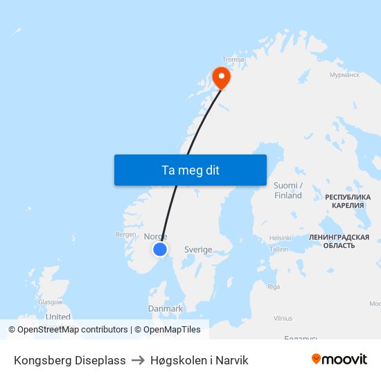 Kongsberg Diseplass to Høgskolen i Narvik map