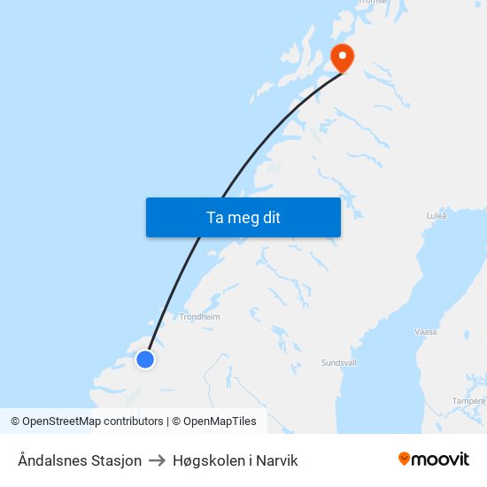 Åndalsnes Stasjon to Høgskolen i Narvik map
