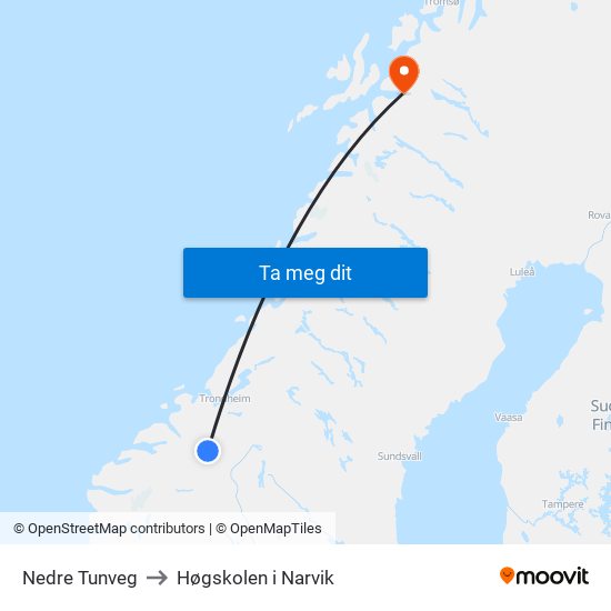 Nedre Tunveg to Høgskolen i Narvik map