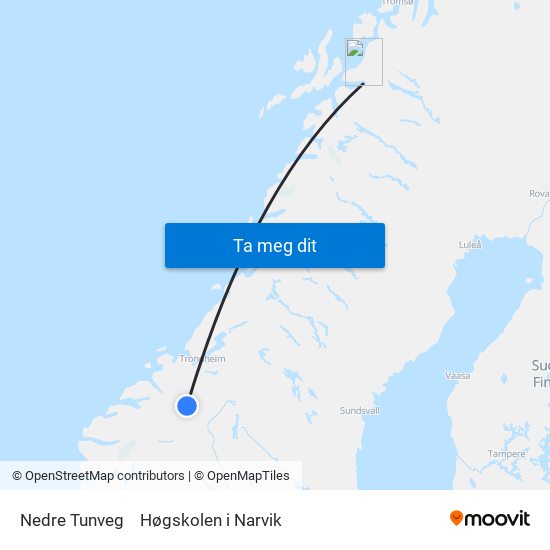 Nedre Tunveg to Høgskolen i Narvik map