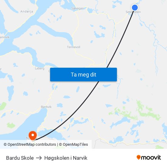 Bardu Skole to Høgskolen i Narvik map