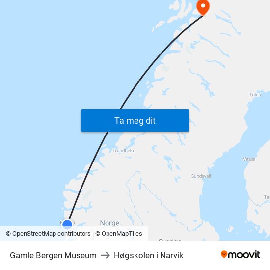 Gamle Bergen Museum to Høgskolen i Narvik map