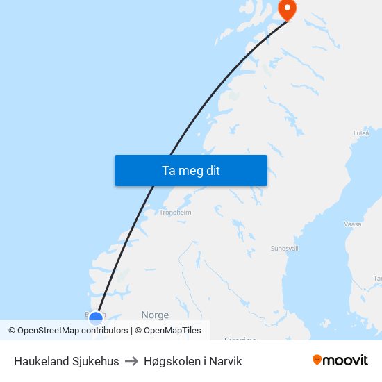 Haukeland Sjukehus to Høgskolen i Narvik map