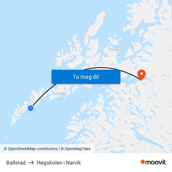 Ballstad to Høgskolen i Narvik map