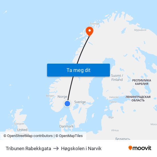 Tribunen Rabekkgata to Høgskolen i Narvik map