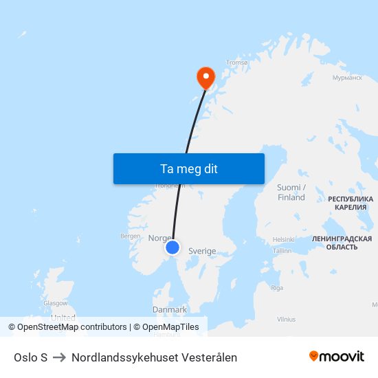 Oslo S to Nordlandssykehuset Vesterålen map