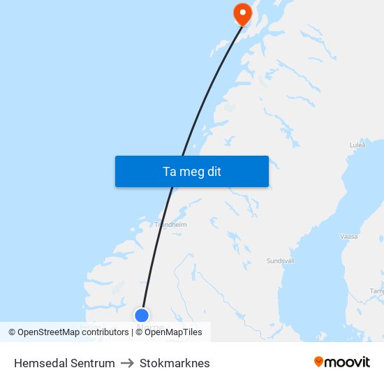 Hemsedal Sentrum to Stokmarknes map