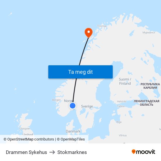 Drammen Sykehus to Stokmarknes map