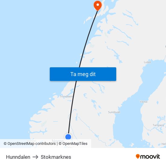 Hunndalen to Stokmarknes map