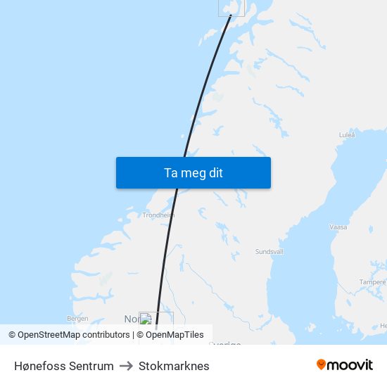 Hønefoss Sentrum to Stokmarknes map