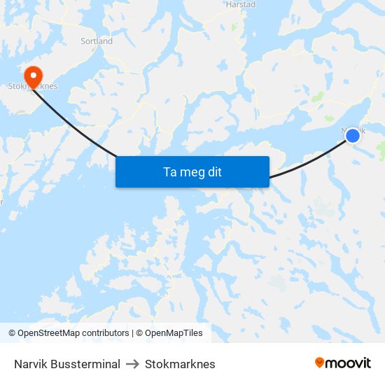 Narvik Bussterminal to Stokmarknes map