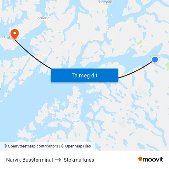 Narvik Bussterminal to Stokmarknes map