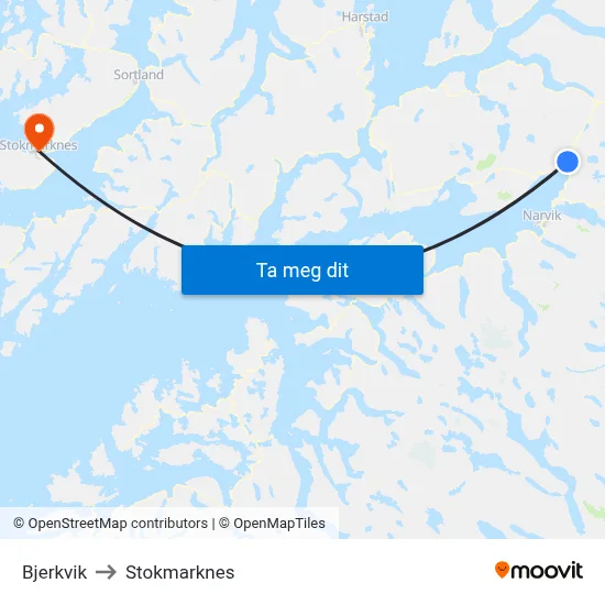 Bjerkvik to Stokmarknes map