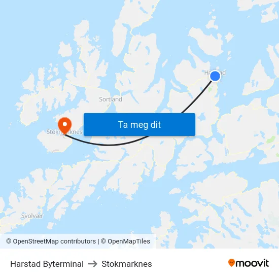 Harstad Byterminal to Stokmarknes map