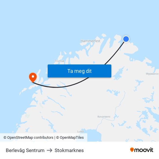 Berlevåg Sentrum to Stokmarknes map