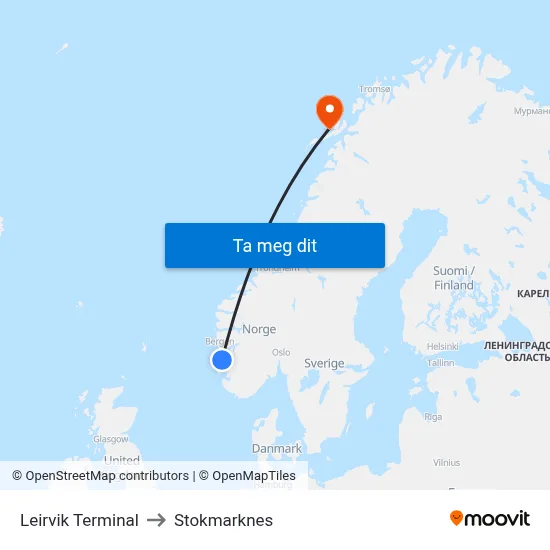 Leirvik Terminal to Stokmarknes map