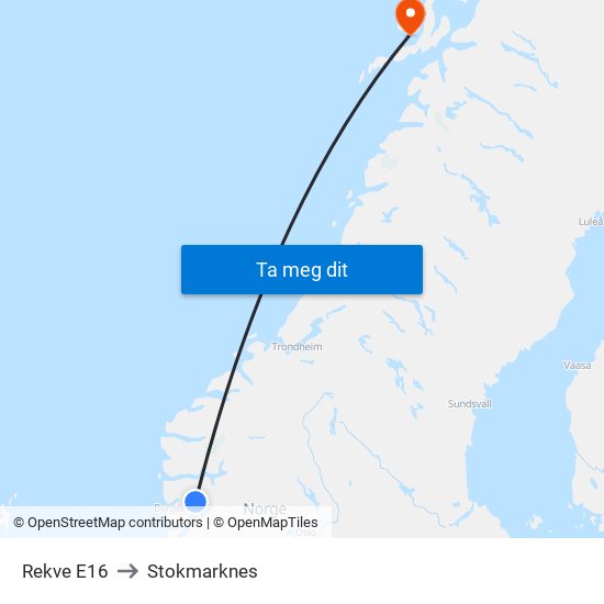 Rekve E16 to Stokmarknes map