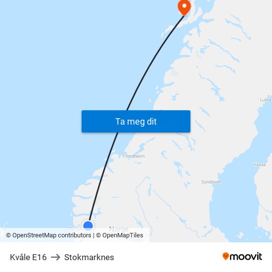 Kvåle E16 to Stokmarknes map