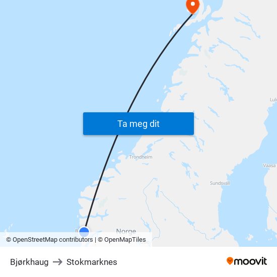 Bjørkhaug to Stokmarknes map