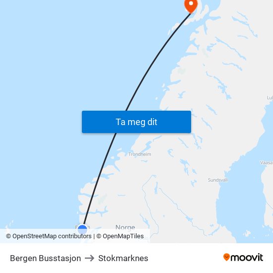 Bergen Busstasjon to Stokmarknes map