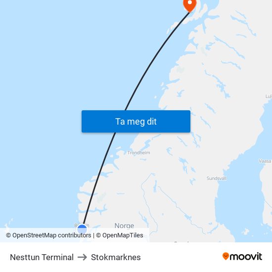 Nesttun Terminal to Stokmarknes map