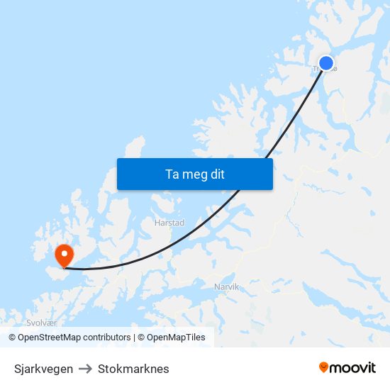Sjarkvegen to Stokmarknes map