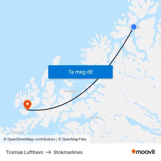 Tromsø Lufthavn to Stokmarknes map