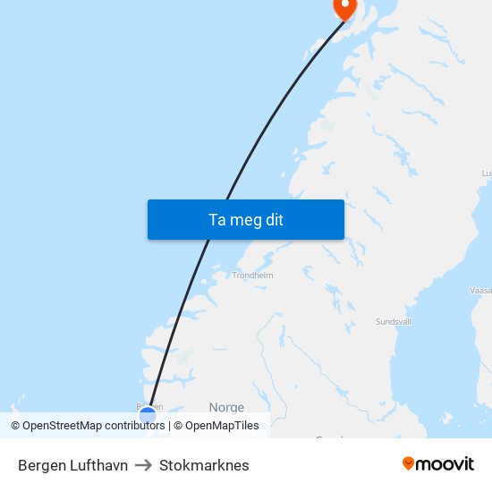 Bergen Lufthavn to Stokmarknes map