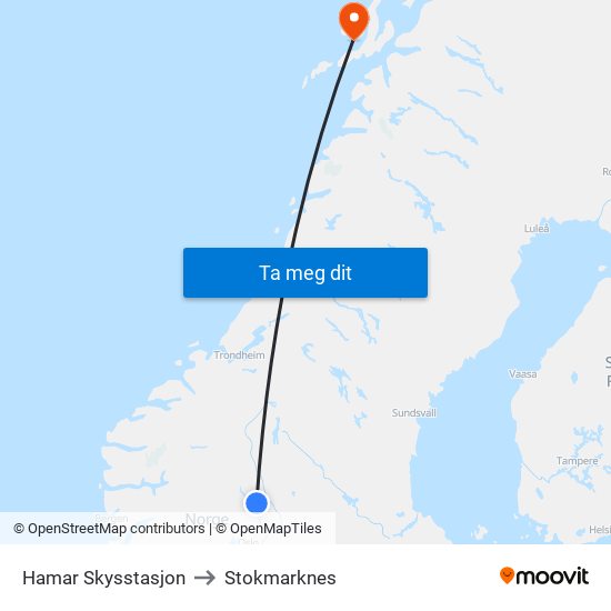 Hamar Skysstasjon to Stokmarknes map