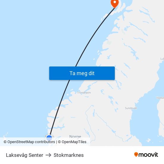 Laksevåg Senter to Stokmarknes map