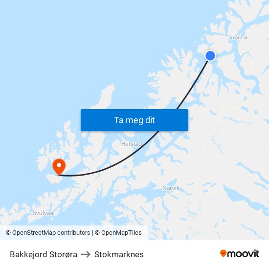 Bakkejord Storøra to Stokmarknes map