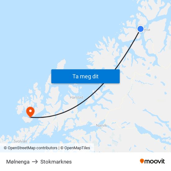 Mølnenga to Stokmarknes map