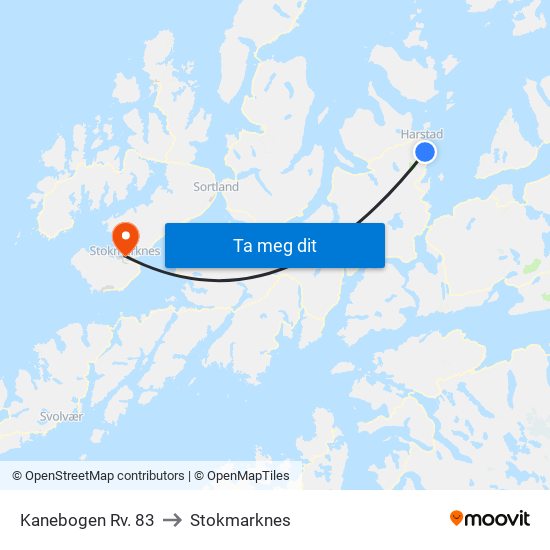 Kanebogen Rv. 83 to Stokmarknes map