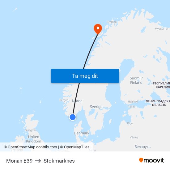 Monan E39 to Stokmarknes map