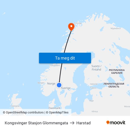 Kongsvinger Stasjon Glommengata to Harstad map