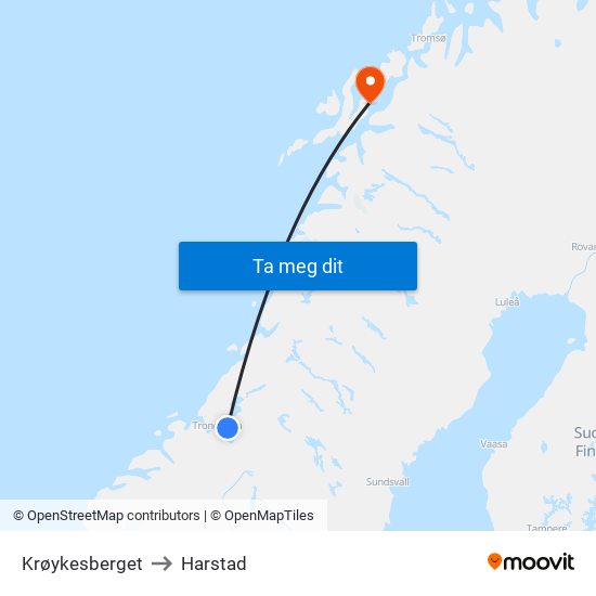 Krøykesberget to Harstad map