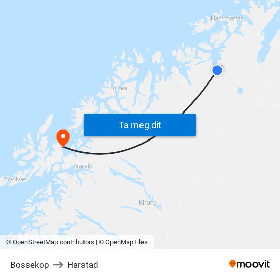 Bossekop to Harstad map