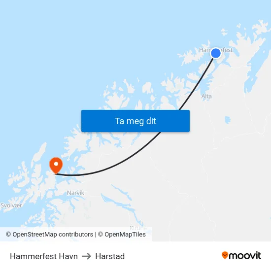 Hammerfest Havn to Harstad map