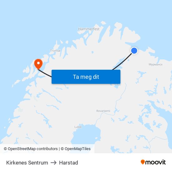 Kirkenes Sentrum to Harstad map