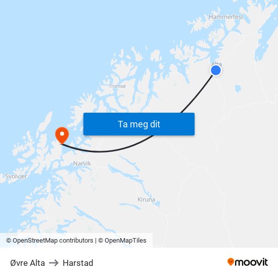 Øvre Alta to Harstad map