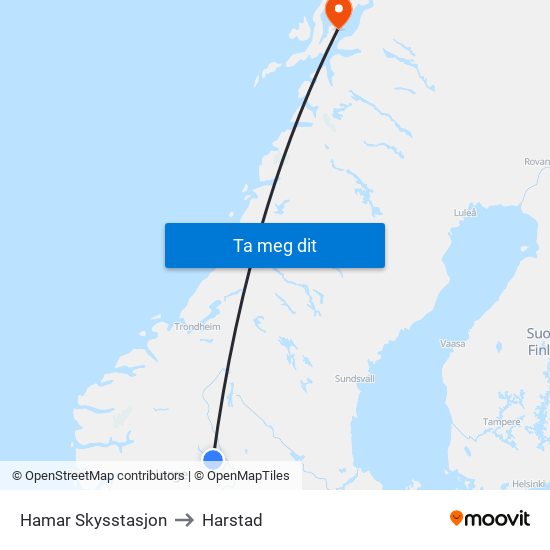 Hamar Skysstasjon to Harstad map