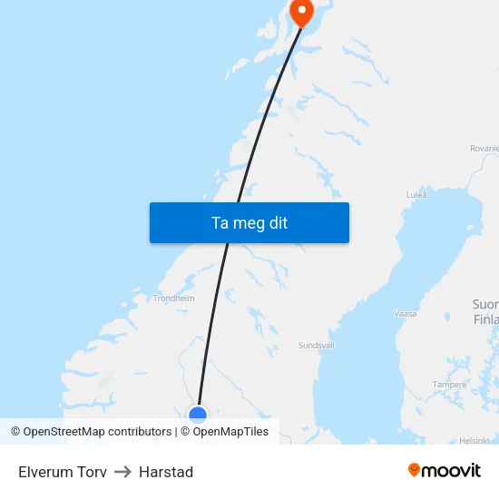 Elverum Torv to Harstad map