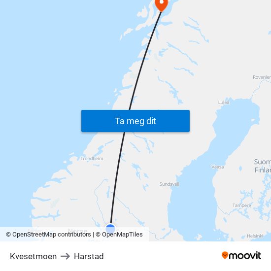 Kvesetmoen to Harstad map