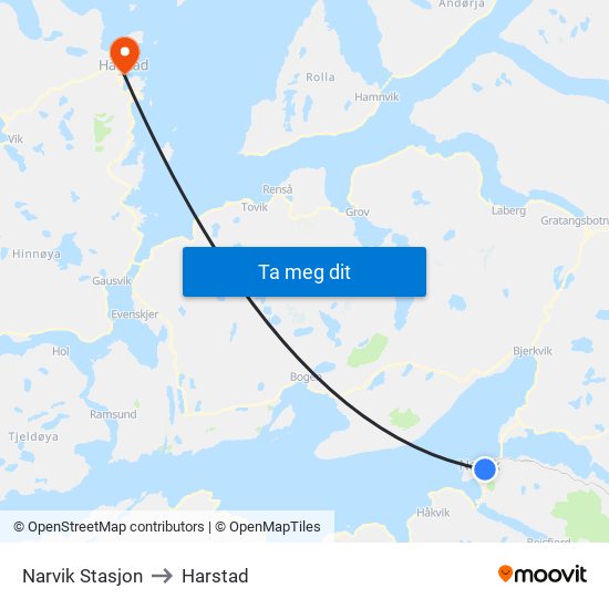 Narvik Stasjon to Harstad map